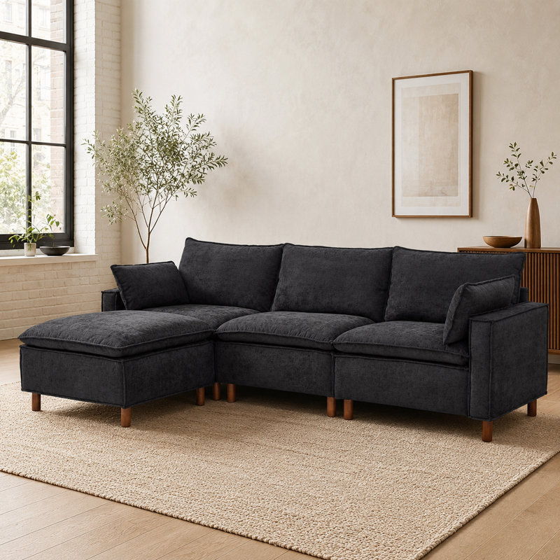 Titre du produit:
Canapé modulaire en L à 3 places en chenille 108,5 po Avelquessa avec repose-pieds mobile, sièges à ressorts ensachés et housses de coussin de dossier amovibles
