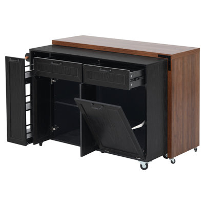 102.3" Kitchen Island with Extendable Dining Table, Kitchen Rolling Island Cart with Trash Storage Cabinet, 3-Tier Pull-Out Spice Rack, Mobile Island Table on Wheels for Kitchen, Dining Room