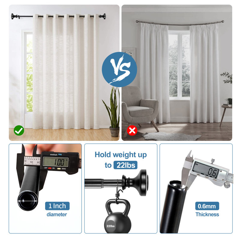 Black Adjustable Steel Single Curtain Rod Set