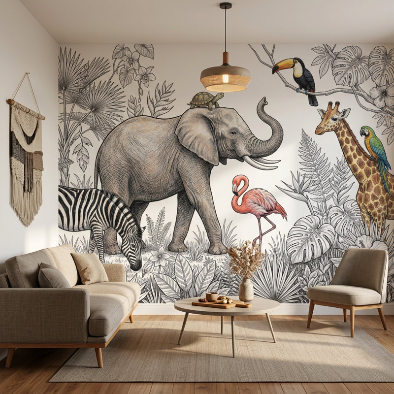 Décoration murale faune tropicale amovible jungle, 120 po x 96 po, Peel and Stick