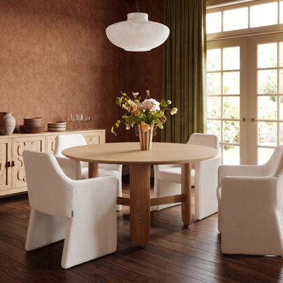 Milano 54" Modern Round Natural Oak Dining Table for 6, One-piece Top with Solid Oak Legs 