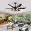Ventilateur de plafond moderne noir avec lumière, vitesse réglable pour le salon, la chambre à coucher, la salle à manger (silencieux / 6 vitesses / réversible / moteur à courant continu) (ampoule non incluse)