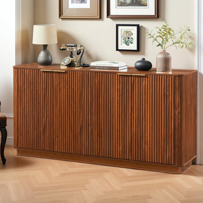 Modern 4-Door Fluted Storage Cabinet, Wood Accent Sideboard With Gold Handles, Freestanding Console Table
