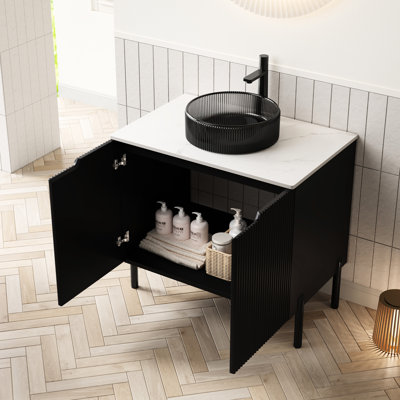 Meuble-lavabo rond en verre noir transparent, surface en pierre frittée blanche, 2 portes, système de fermeture en douceur, solution de rangement contemporaine, meuble-lavabo autoportant sans robinet de 30 po