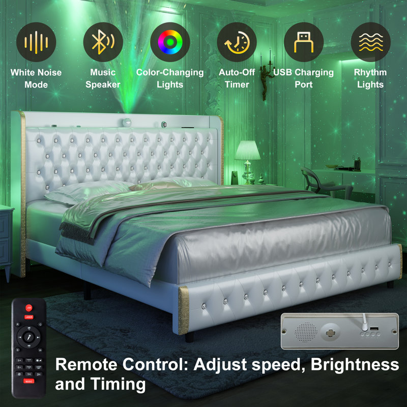 Modern Wingback Upholstered Platform Bed Frame With Galaxy Projector & USB Charging Port, LED Bed Frame With Adjustable Headboard, Easy Assembly, Heavy-Duty Steel Slat Support, No Box Spring Needed, Keyt