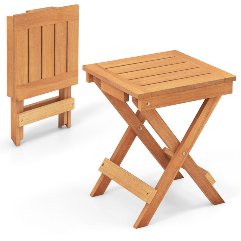 14 Inch Compact Folding Side Table With Slatted Tabletop