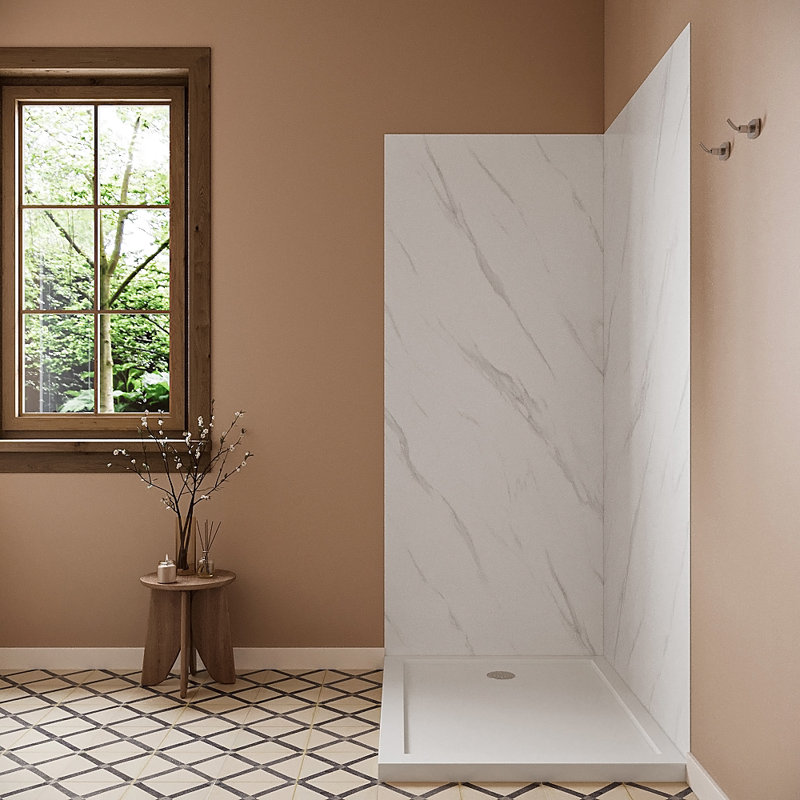 Streamline DSH-1420-148 34 in. L x 42 in. W x 76 in. H 2-Piece Glue-Up Corner Shower Surround in White Marble Finish