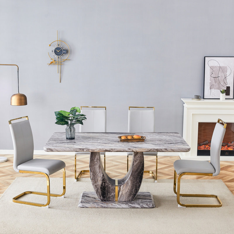 63" Modern Dining Table Set With PU Leather Chairs, U-Shaped MDF Base, Light Gray, 5 Pieces: Table, 4 Chairs