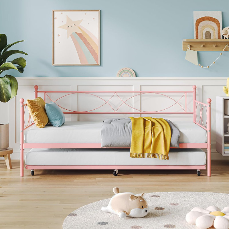 Twin Size Pink Metal Daybed With Trundle Steel Slat Support Sofa Bed Frame Multifunctional Design For Bedroom Modern, Pink