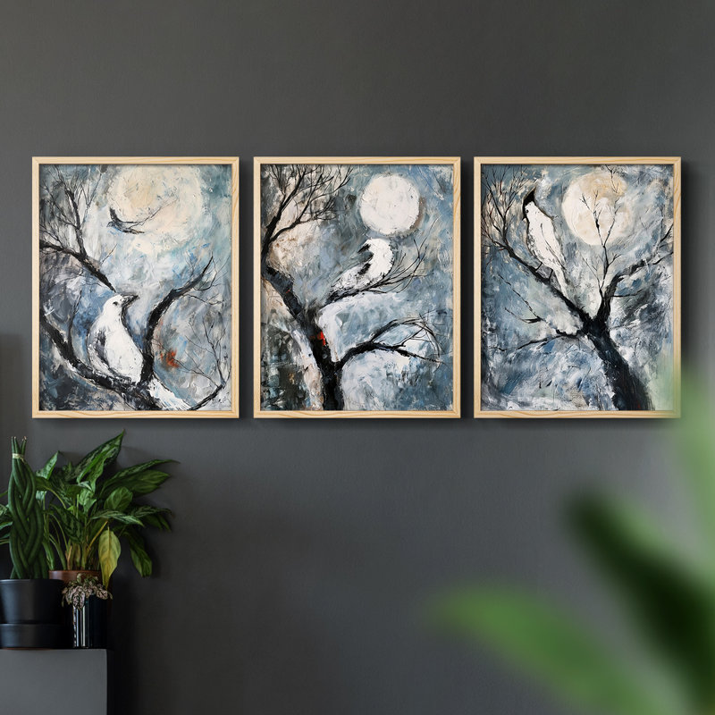 Aviary Study  Series  VII  -Set Of 3 Framed Giclee Prints -Ready to Hang, 10" H x 8" W, Natural Framed
