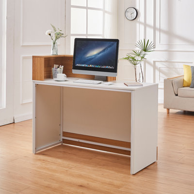 Bureau de réception moderne à deux niveaux avec gestion des câbles - Comptoir de caisse en grain de bois blanc 46,4 po