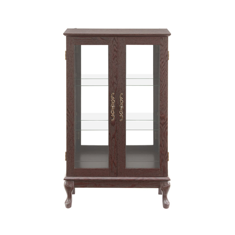 Vitrine 2 portes avec verre trempé, dossier en miroir, tablettes réglables et éclairage pour objets de collection, Cerisier