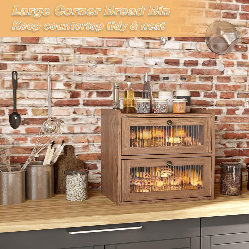 Double Layer Large Bread Box For Kitchen Counter, Wooden Corner Bread Storage Container With Acrylic Window, Retro Brown