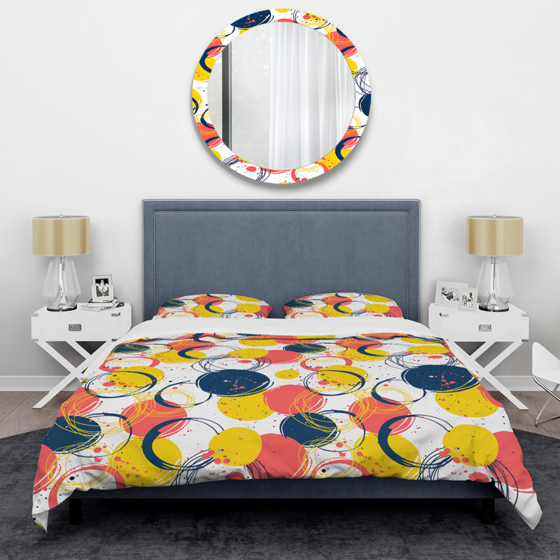 Ensemble de housse de couette à pois rose et jaune - Microfibre polyester, Housse de couette double / grand + 2 taies décora