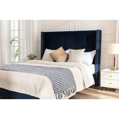 Queen Bed, 54" Tall Headboard, Classic Wingback, Nailhead Trim, Blue Velvet Upholstery, No Box Spring Needed Bed Frame With Stylish Hand Tufting, Trimmed, Velvet, Spring, Effortless Assembly Guidebook