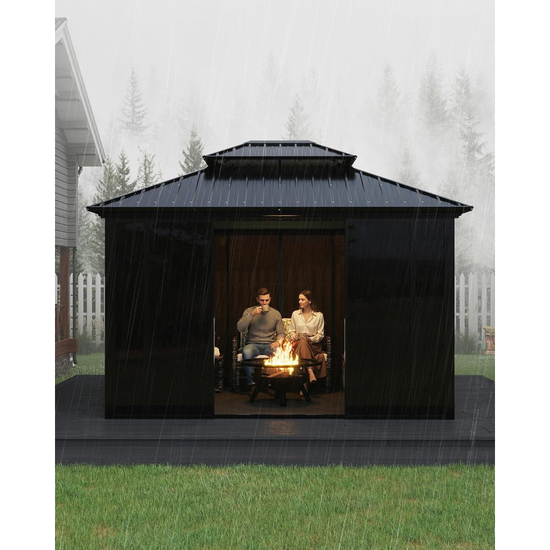 Hardtop Gazebo Solarium, All-Aluminum Enclosed Sunroom with Sliding Doors for Patio, 114'' H X 143'' W X 117" D