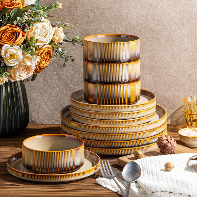 Service de table en céramique 12 pièces pour 4 personnes - Ensemble de bols et assiettes en porcelaine légère | Résistant aux égratignures | Va au four, au micro-ondes et au lave-vaisselle