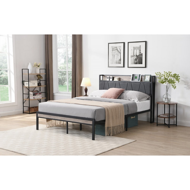 Structure de lit plateforme pleine grandeur en métal avec rangement pour revêtement et amp; USB - aucun sommier requis, robuste Stable