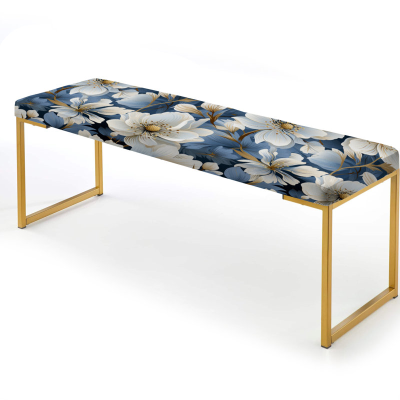 Upholstered Gold Bench, Blue Vintage Romance Floral Pattern III