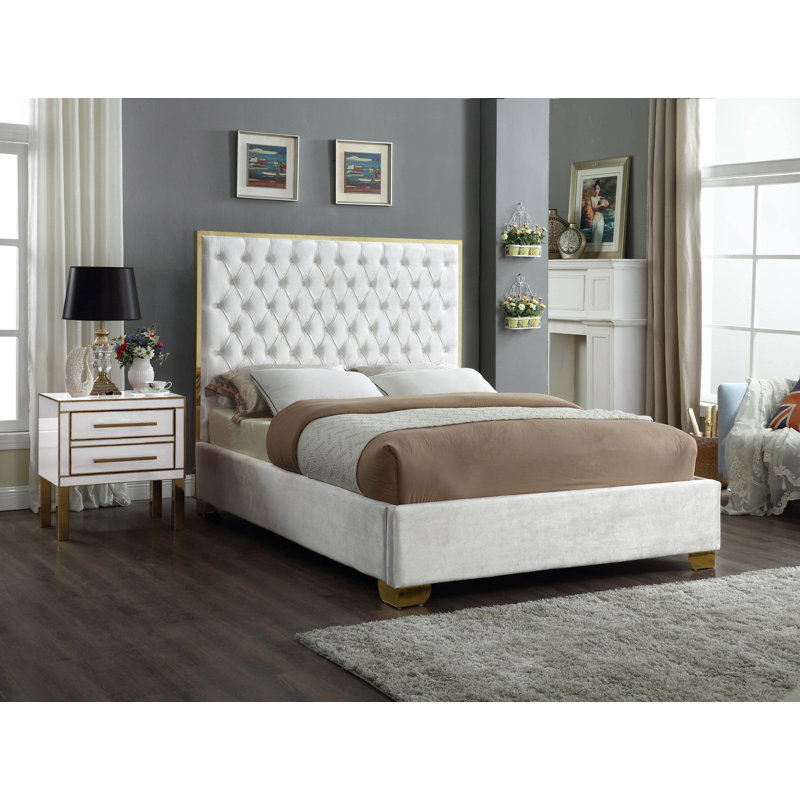 Spadaro Upholstered Platform Bed, King, White Velvet, Gold