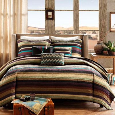 Reversible Quilt For King/ King. Microfiber. Engaging Stripe In Purple, Teal, And Earth Tones. Includes 2 Shams 3 Throw Pillows. Machine Washable Bedding With Pillows, King Size. Captivating Stripes