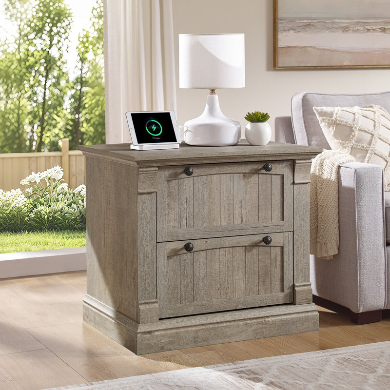 30'' W Large Nightstand With Charging Station & 2 Storage Drawers, Light Rustic Oak