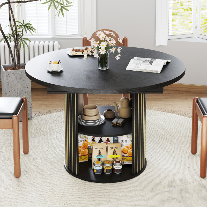 Extendable Dining Table For 4-6, 43.3in-59in Dining Room Table With Storage Shelf, Black