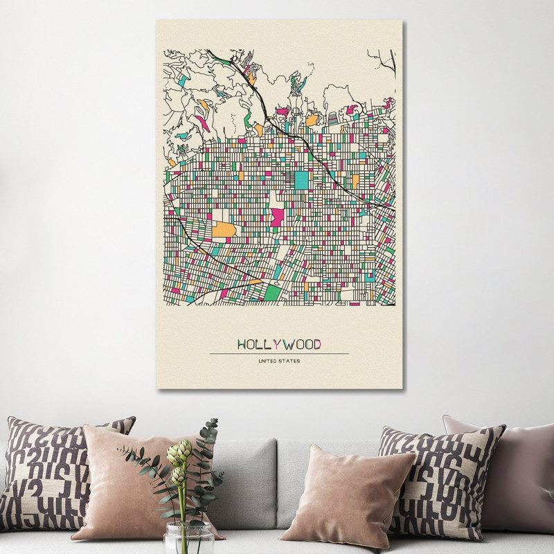 Hollywood, Los Angeles Map 1 Piece Wrapped Canvas Wall Art, 152.5 cm H x 101.5 cm W