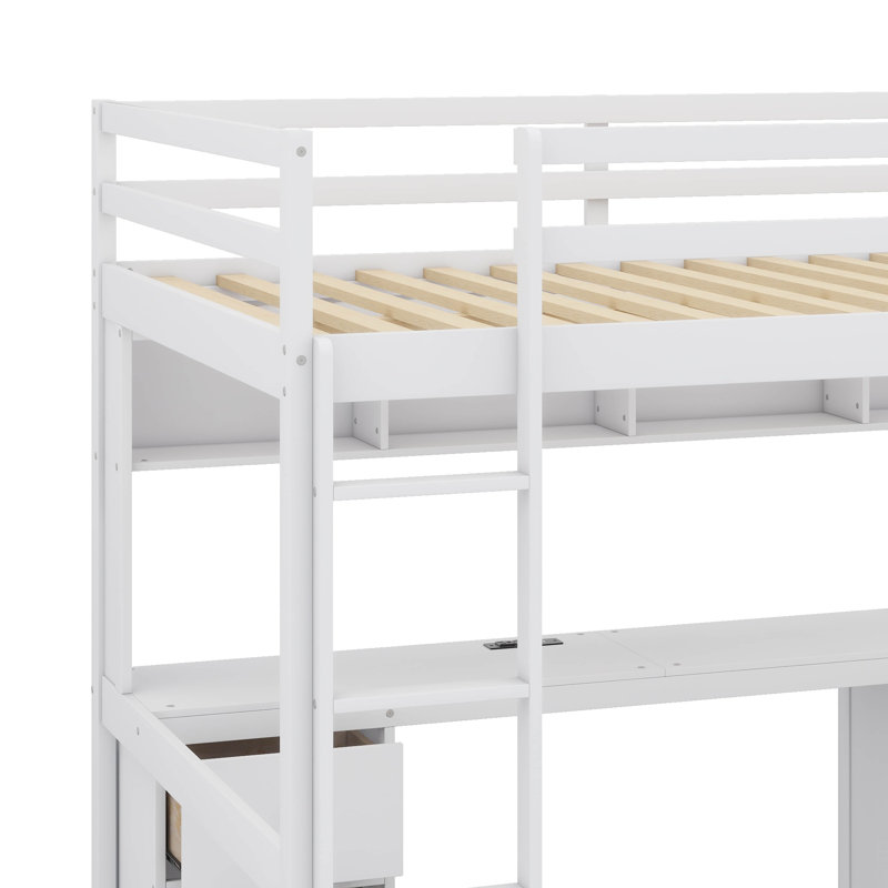 Lit mezzanine double avec bureau, armoires, tiroirs, tablette de chevet et prise de recharge