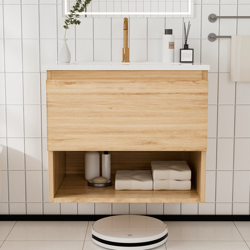 Meuble-lavabo suspendu Valdren de 76 cm avec tablette ouverte et lavabo intégré, Chêne, 30"