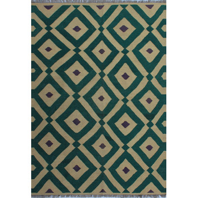 Tapis ivoire/vert en laine 3 pi 7 po x 5 pi one-of-a-kind fait main kilim Renita