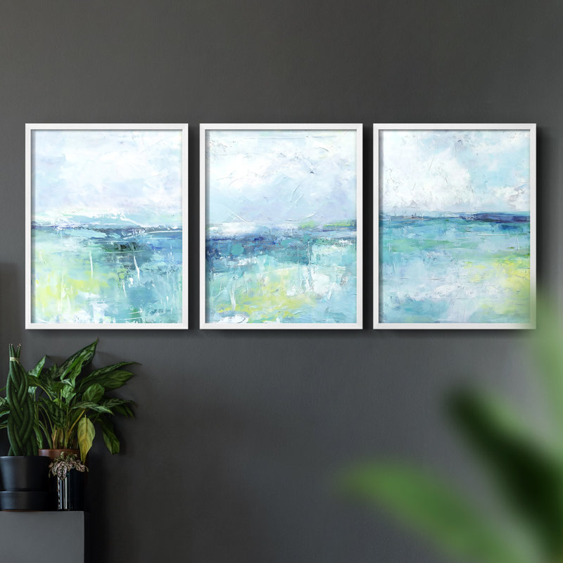 Série abstraite CCxxviii - ensemble de 3 estampes giclées encadrées - prêt à être accroché, Blanc, H 28 po x l 66 po