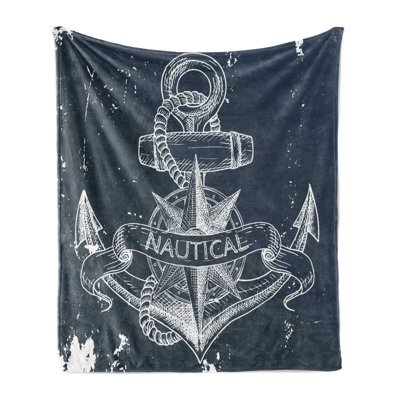 Ambesonne Nautical Fleece Throw Blanket Knot Anchor Compass Dark Blue White