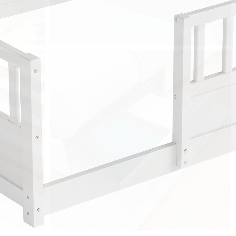 Lit double sur pied en bois avec garde-corps et rangement latéral pour un sommeil sécuritaire et élégant, Lit double, Blanc