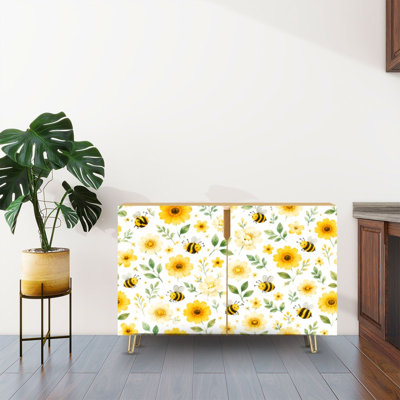 Buffet Buffet avec rangement Mignonnes abeilles fleurs sauvages jaunes fleurs de printemps fantaisistes sans couture avec 2 portes pour le salon et la cuisine