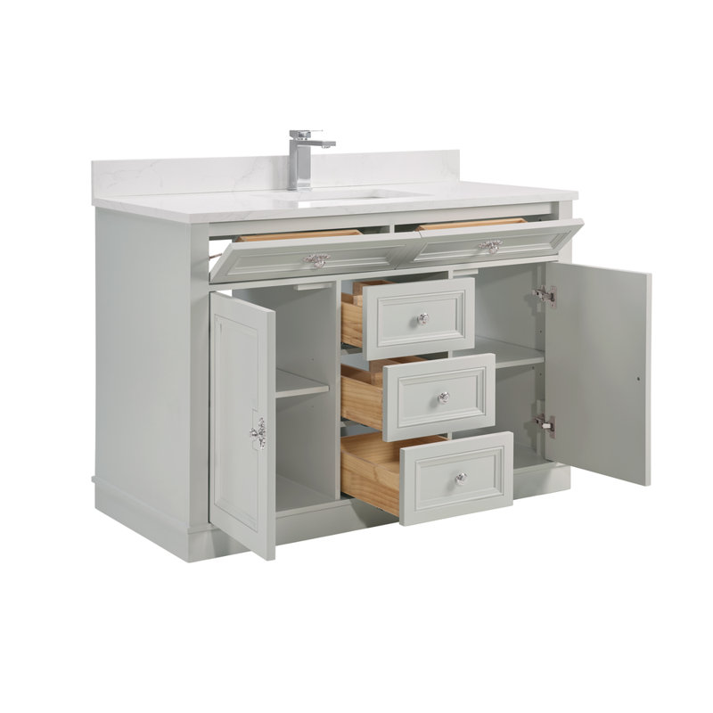 48" Solid Wood Single Bathroom Vanity with 1" Engineered Marble Top, Silver Strand, Polished Chrome