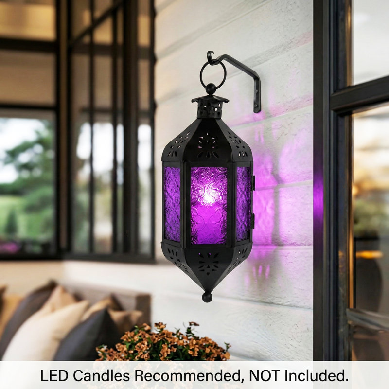 Hanging Moroccan Decorative Candle Lantern with Chain for Outdoor Patio or Porch (Set of 2), Small, Purple