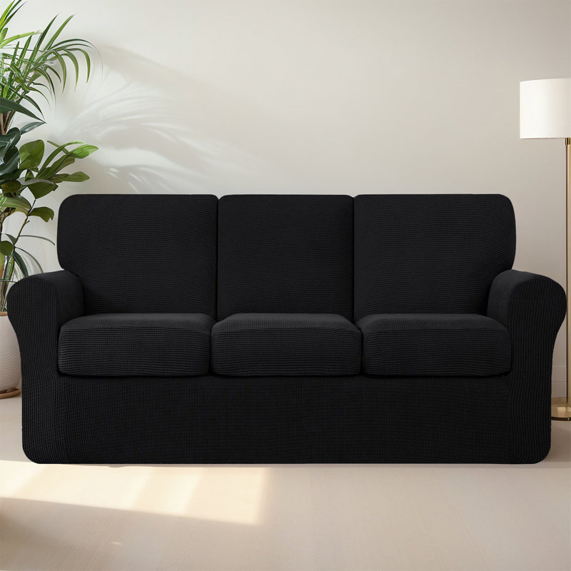 Polyester Box Cushion Sofa Slipcover, Black Polyester