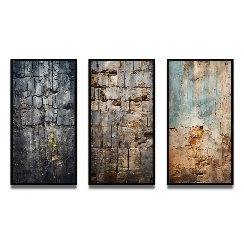 «Hebrew Western Wall Collage III - Judaism», art mural, ensemble de 3, Cadre noir, H 20 po x l 36 po