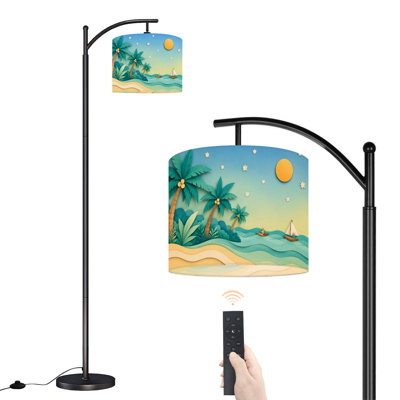  Arc Floor Lamp Tropical Seascape Palm Trees Boats Paper Cut Style Tall Modern Standing Lamp LED Adjustable Linen Lampshade 3 Color Temperatures