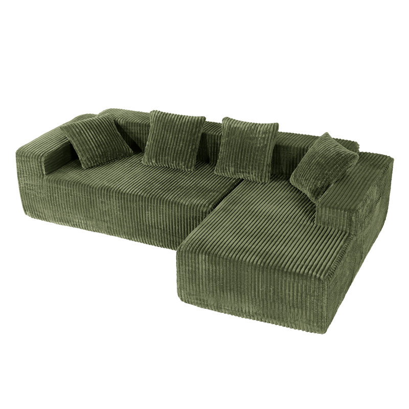 Modern Oversized Corner Sofa L-Shaped Corduroy Sofa With Storage Pockets , Green, Right Hand Facing