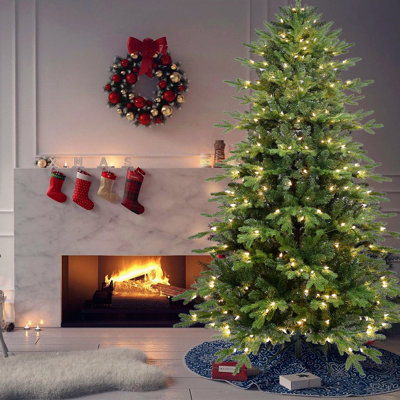 Arbre de Noël 7,5 pi en PVC vert + PE avec 450 lumières UL blanc chaud - 2856 pointes, branches articulées, aiguilles réalistes, base en métal robuste