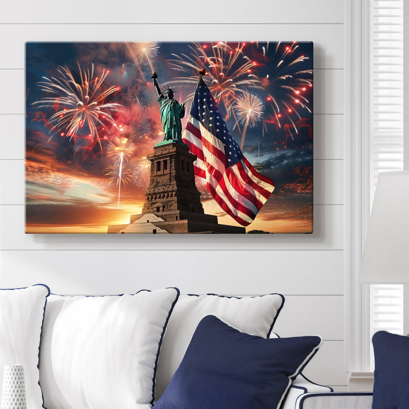 Liberty, drapeau et feu d'artifice - Toile tendue avec châssis - prête à être accrochée, 12X18