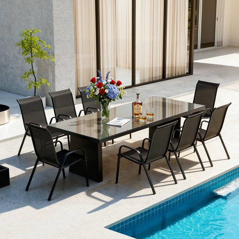 Chaises de patio empilables, tissu Textilène durable avec accoudoirs, cadre en métal robuste, chaises de salle à manger d'extérieur ergonomiques à séchage rapide pour la cour arrière et le bord de la piscine (brun, 8 pièces)