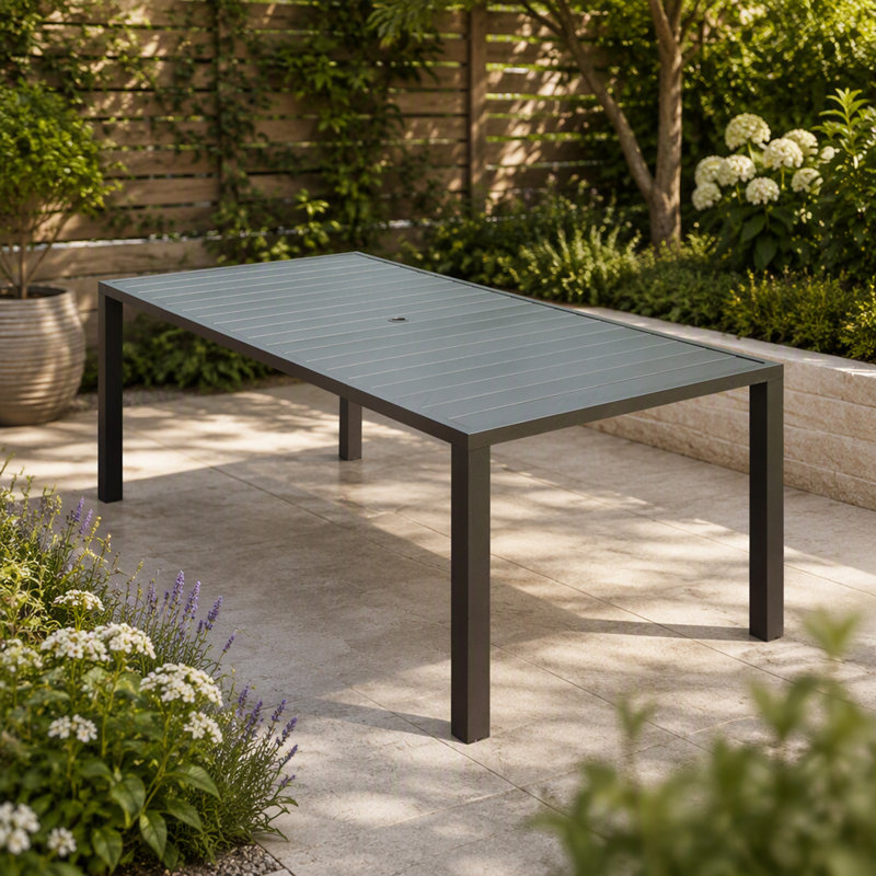 Outdoor Rectangular Slatted Metal Patio Dining Table for 8 Person, with Umbrella Hole