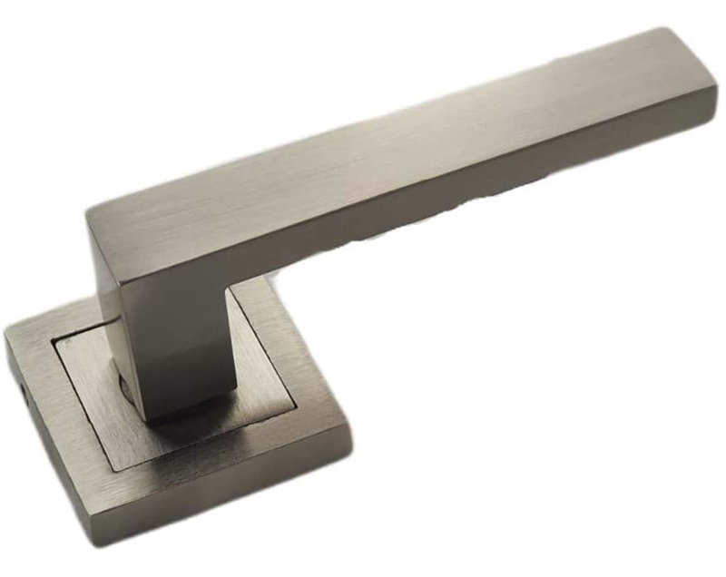 1 Pair Delta Door Handles on Square Rose in Satin Stainless Steel Finish with Tubular Latches & Hinges, Lock