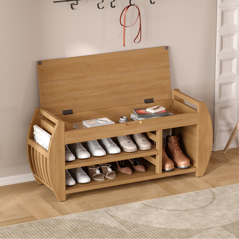 Retro Multifunctional Shoe Storage Bench With Cushion And Curved Side Panel, Natural