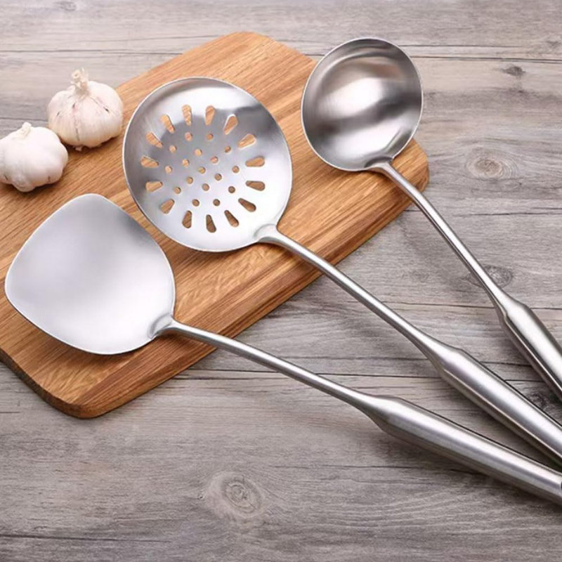 Ensemble d'ustensiles de cuisine 3 pièces en acier inoxydable - calibre 304, tout en métal, comprend une spatule, une cuillère à rainure, une louche à soupe - poignées ergonomiques, va au lave-vaisselle, ustensiles de cuisine durables