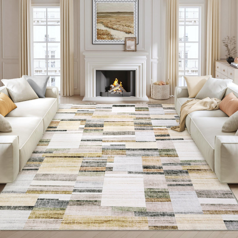 Tapis géométrique moderne lavable à la machine avec envers antidérapant et non délestant, Rectangulaire 8 pi x 10 pi