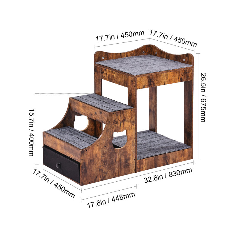 Rustic Brown Wooden Pet Bunk Bed with Storage and Stairs